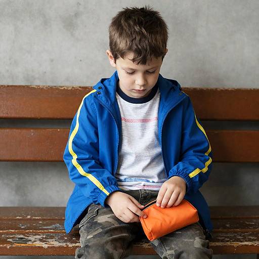 Young Boy Sitting on Wooden Bench