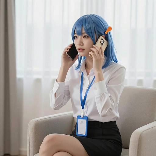 Asian Woman with Blue Hair on Phone