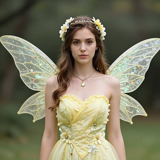 Photograph of a young woman with long brown hair, wearing a yellow fairy dress, flower crown, and translucent fairy wings, standing in a forest.