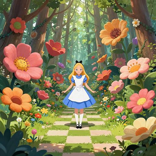 Digital illustration of a blonde girl in a white and blue dress standing in a vibrant, sunlit forest pathway filled with colorful, oversized flowers.
