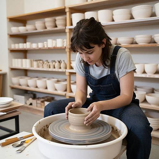 Photograph of a focused woman with dark hair in denim overalls, shaping clay on a pottery wheel in a well-lit, shelf-filled studio.