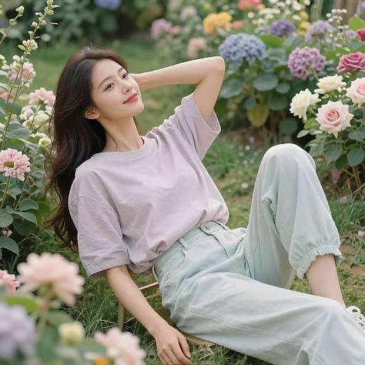 Photograph of an Asian woman with long dark hair, wearing a light pink shirt and pale green pants, lounging in a colorful garden with blooming