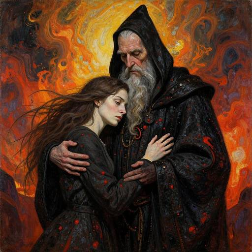 Digital painting of an older bearded man with a fiery halo, hugging a young woman with long brown hair, both in black robes, surrounded by