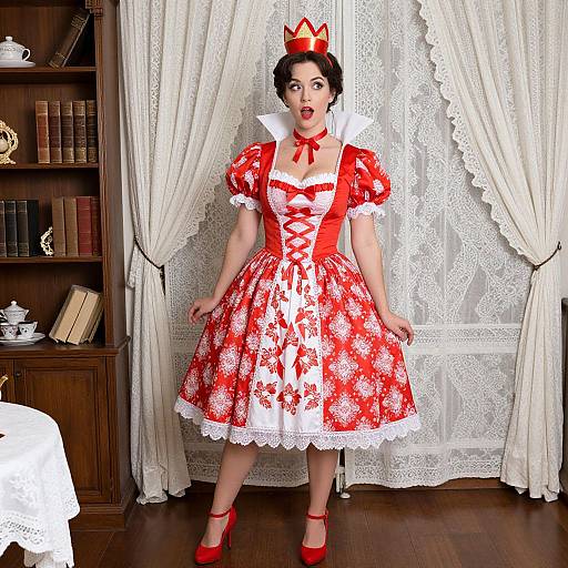 Photograph of a woman in a red and white floral ballgown with lace trim, red corset, and crown, standing in a library with