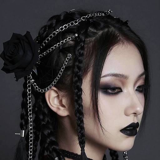 Gothic-style portrait of pale woman with braided black hair, black rose, chain headpiece, heavy black makeup, and dark lipstick.