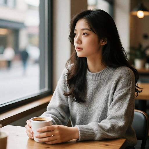 Young Woman in Cozy Cafe Holding Coffee