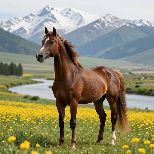 Photograph of a brown horse with a white blaze standing in a vibrant yellow wildflower field, with a river and snow-capped mountains in the background