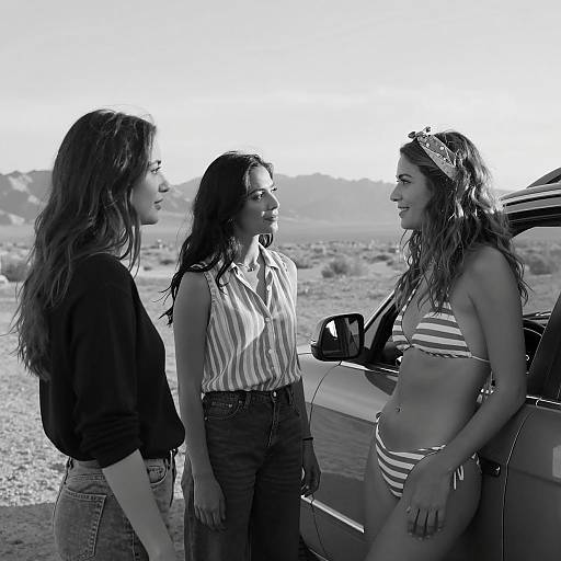 Three Women Conversing by Car in Desert