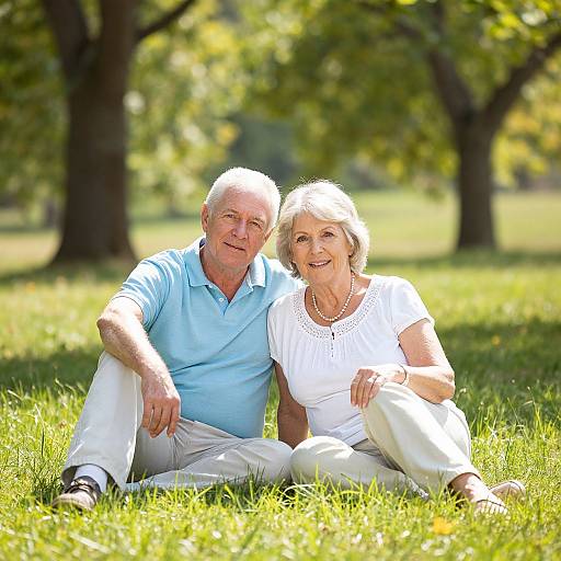 Photograph of an elderly couple sitting on grass in a sunny park, with trees in the background. The man wears a light blue polo, white pants
