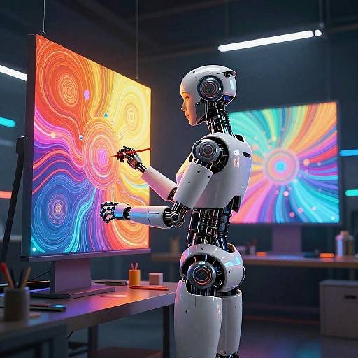 CGI image of a humanoid robot with white and black joints, creating vibrant, colorful abstract art on a digital canvas in a modern, dimly-l