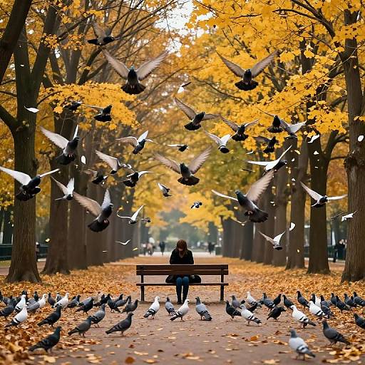 Photograph of a woman in autumn park, surrounded by flying pigeons, sitting on a bench under golden-yellow trees.