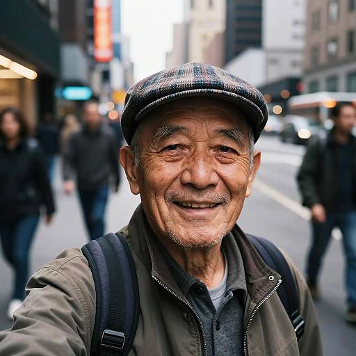 Photograph of an elderly Asian man with weathered face, smiling, wearing a black flat cap, green jacket, and backpack, in a busy urban