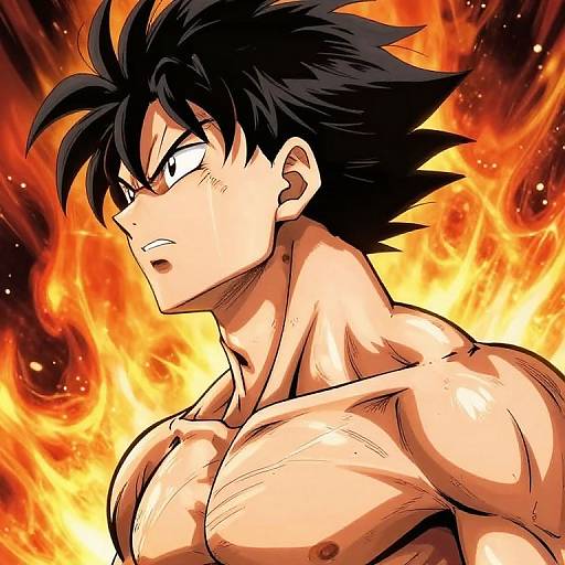 Digital anime-style drawing of a muscular, shirtless male character with spiky black hair, intense expression, and defined chest, set against a fiery orange