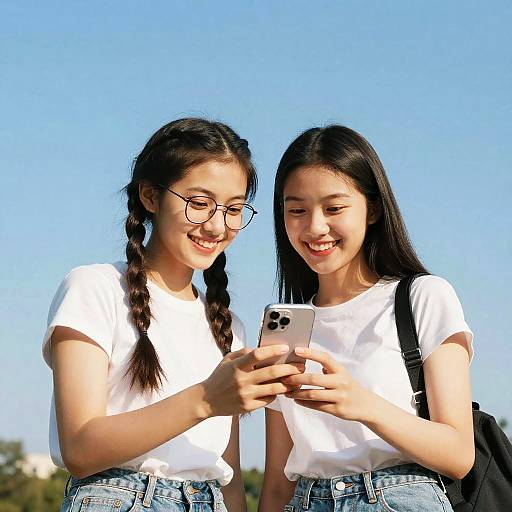 Two Friends Smiling at Smartphone