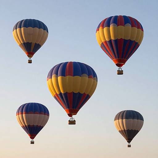 Photograph of five colorful hot air balloons with alternating blue, red, and yellow stripes, floating in a clear, blue sky.