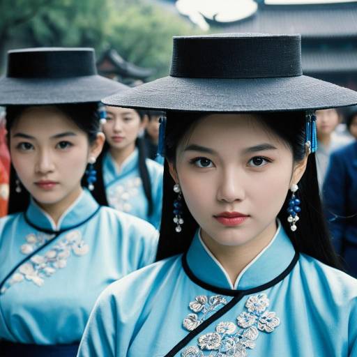 Young Asian Women in Traditional Blue Chinese Attire