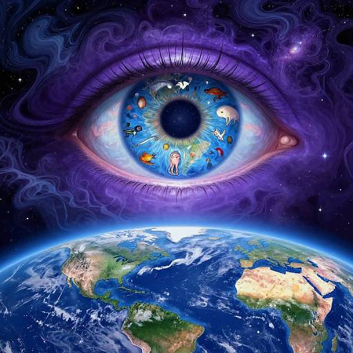 Digital artwork of a vibrant, cosmic blue eye with swirling purple iris, surrounded by stars, and featuring world map details on the retina, set against a