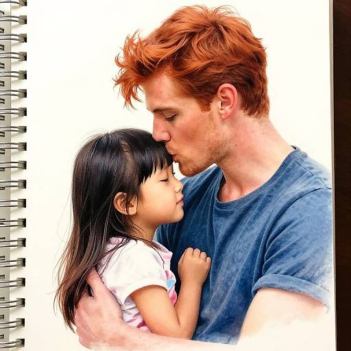 Digital drawing of a red-haired man in a blue shirt and a black-haired Asian girl in a white shirt, kissing gently, with a spiral notebook border