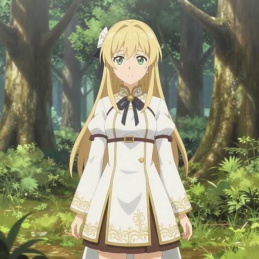 Anime-style digital illustration of a blonde girl with green eyes, wearing a white and brown ornate dress, standing in a sunlit forest.