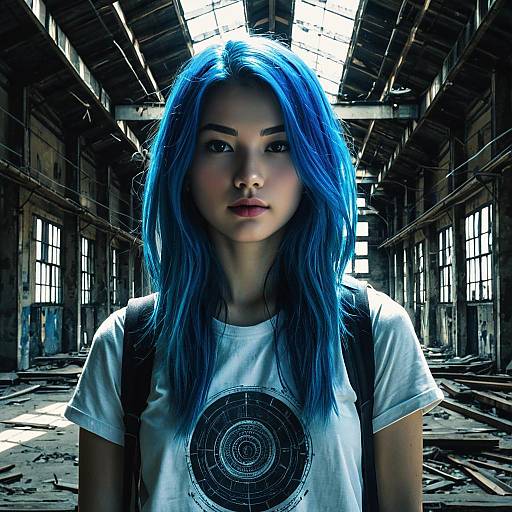 Young Woman with Blue Hair in Abandoned Warehouse