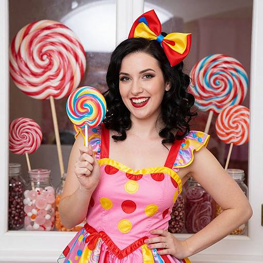 Smiling Woman in Candy-Themed Costume