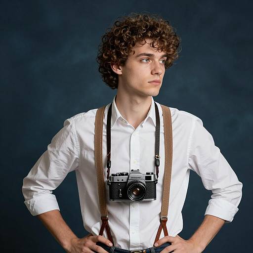 Vintage Camera Focused Young Man Portrait