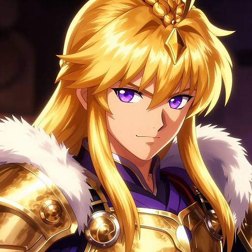 Digital anime-style portrait of a confident, blonde-haired, purple-eyed warrior with golden armor and fur-trimmed shoulders, set against a dark background.