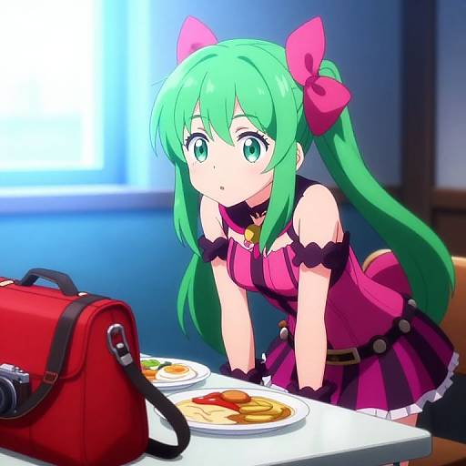 Anime-style digital drawing of a green-haired girl with pink bows, wearing a pink and black dress, leaning over a table with pancakes and a red bag