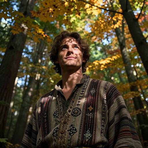 Photograph of a man with curly brown hair, wearing a patterned brown and beige shirt, looking up at autumn leaves in a sunlit forest.