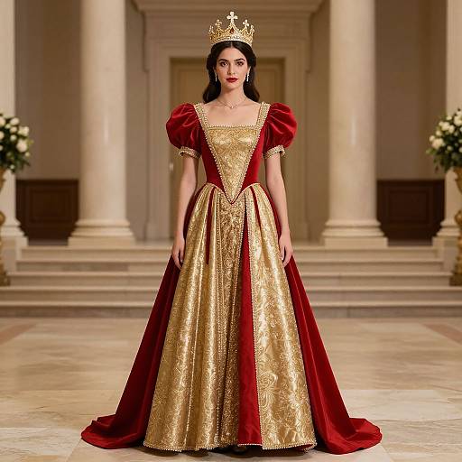 Photograph of a fair-skinned woman with dark hair, wearing a gold and red Renaissance-style gown, crown, and red lipstick, standing in a