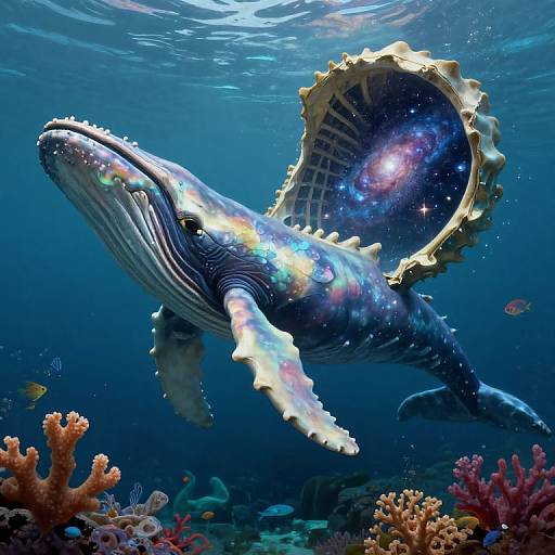 Photograph of a vibrant humpback whale with iridescent scales and a textured dorsal fin, swimming through a colorful underwater coral reef.