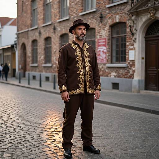 Photograph of a bearded man with dark complexion, wearing a brown hat and ornate brown and gold traditional outfit, standing on a cobblestone