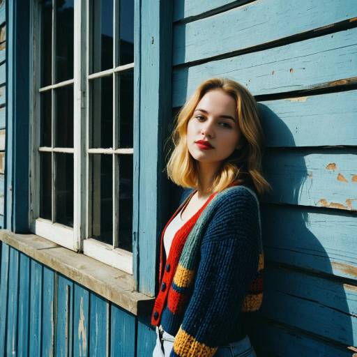 Young Woman in Colorful Sweater Leaning on Blue Wall