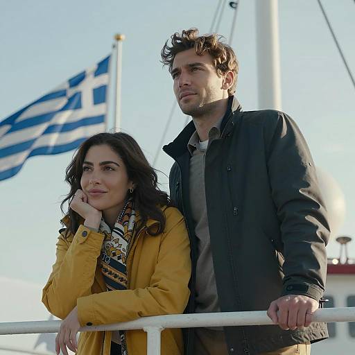 Couple on Ship Deck with Greek Flag