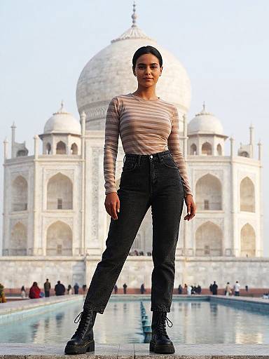 Photograph of a confident woman with dark hair in a striped shirt and black pants, standing in front of the Taj Mahal. She wears black boots