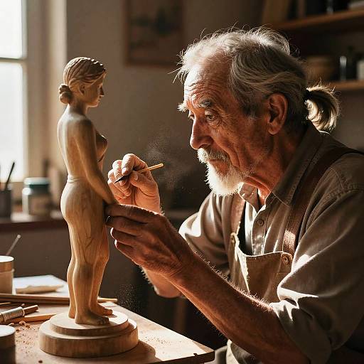 Old Man Sculpting Wooden Statue