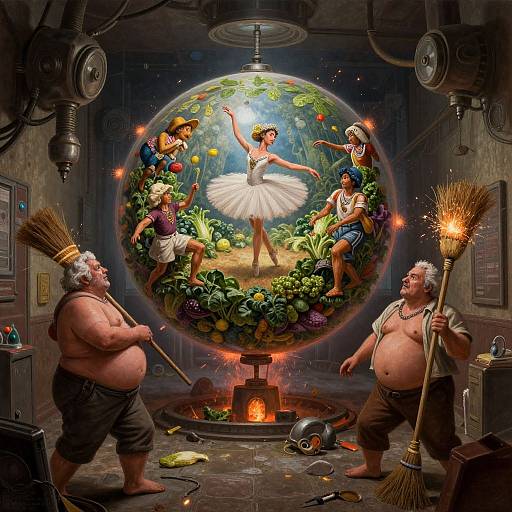 Fantastical digital artwork: Two overweight men with brooms, surrounding a magical sphere with dancing children and a ballerina, in a cluttered