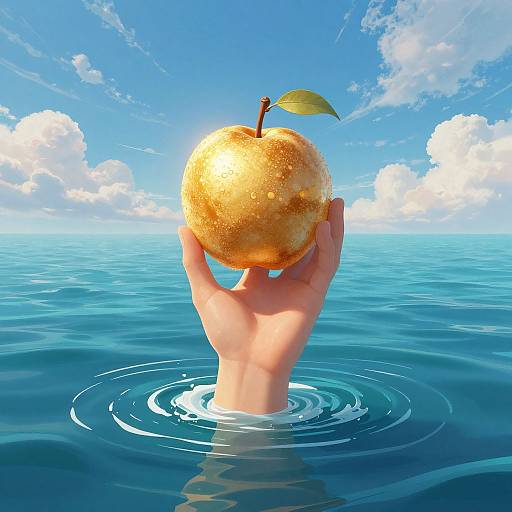 Photorealistic image: A hand with light skin, emerging from bright blue ocean, holding a golden, water-dripped apple with a green leaf