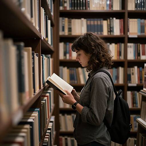 Photograph of a curly-haired woman in a gray shirt and black backpack, reading a book in a dimly lit library.