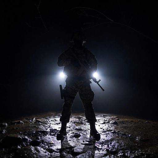 Silhouette of Armed Soldier with Backlit Flashlights