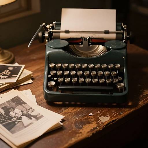 Photograph of a vintage black typewriter with a blank sheet, surrounded by black-and-white photo albums, on a weathered wooden desk.