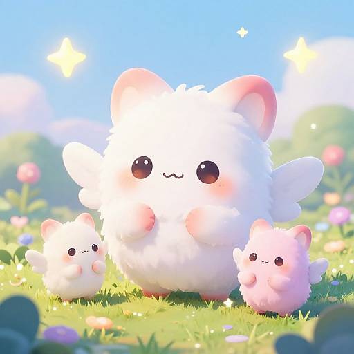 Adorable digital illustration of three fluffy white and pink cutesy mice with large eyes, standing in a sunny, colorful meadow.
