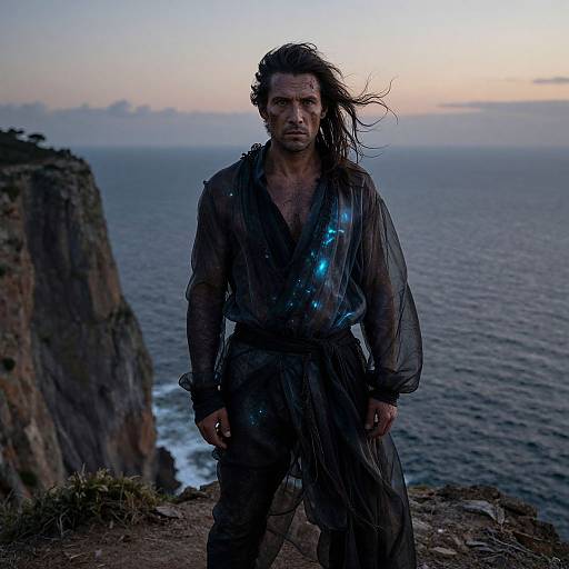 Photograph of a rugged, wet-haired man in a translucent, dark robe with glowing blue accents, standing on a cliff overlooking a stormy ocean at