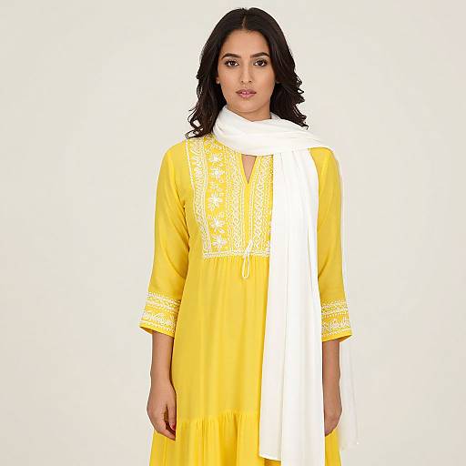 Photograph of a South Asian woman with medium brown skin and black hair, wearing a bright yellow kurta with white embroidery and a white scarf, standing