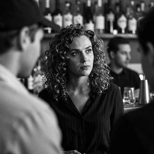Intense Curly-Haired Woman at Bar