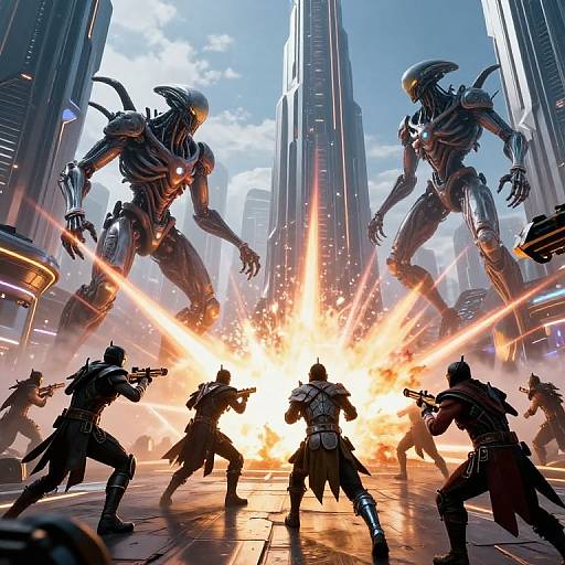 Digital artwork of a sci-fi battle: six armed soldiers firing at two towering, alien creatures with glowing eyes in a cityscape, with intense orange explosions