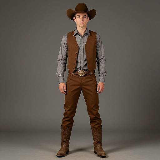 Photograph of a young Caucasian man in a brown cowboy hat, brown vest, blue shirt, brown pants, and boots, standing against a gray background