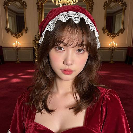 Photorealistic digital portrait of an Asian woman with fair skin, brown wavy hair, and red velvet dress, wearing a white-lace headband