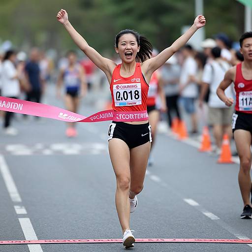 Photograph of an ecstatic Asian female runner, mid-stride, crossing a finish line with arms raised, wearing a red tank top and black shorts,