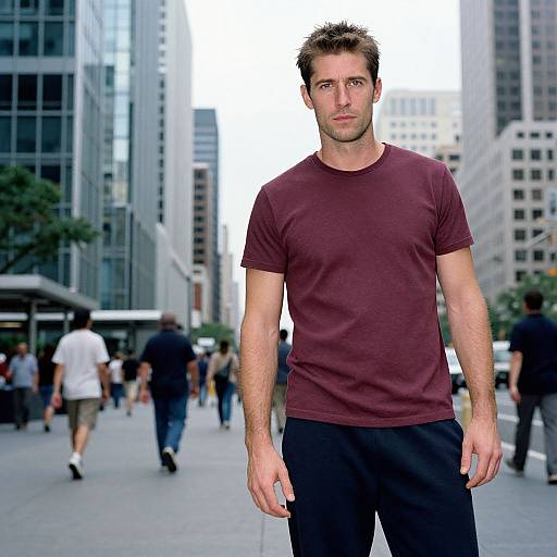 Photograph of a tall, handsome man with short brown hair, wearing a maroon t-shirt and black pants, standing in a busy urban street with